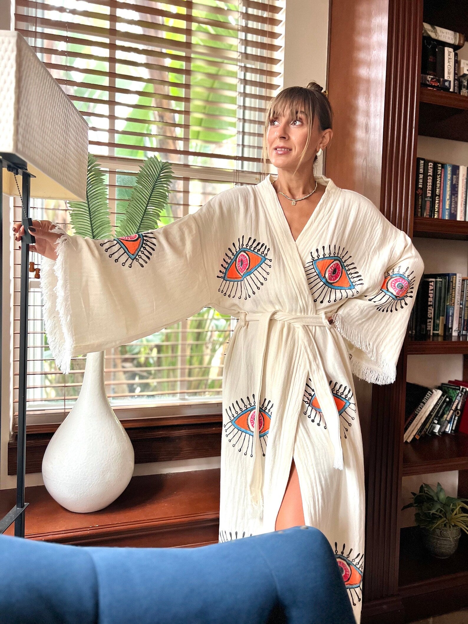 Coral Evil Eye Kimono | Vleyn — Organic Cotton Boho Robe