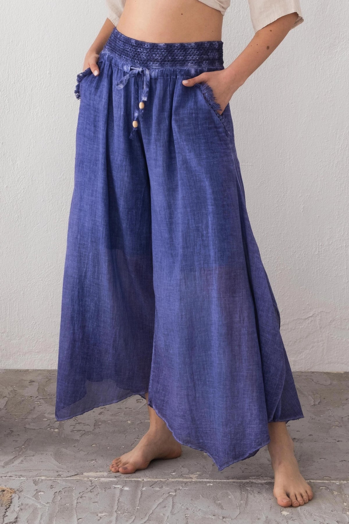 Blue Palazzo Pants Detail Shot — Boho Style Organic Cotton by Vleyn