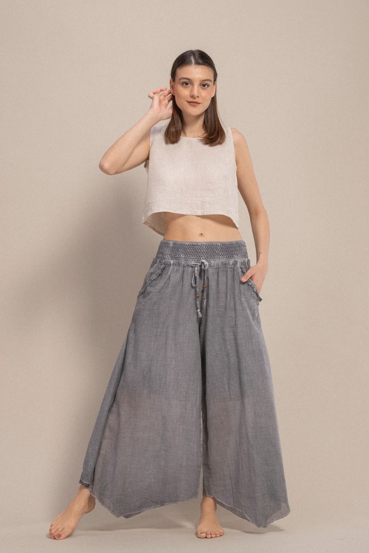 Grey Organic Cotton Wide-Leg Palazzo Pants — Sustainable Boho Fashion by Vleyn