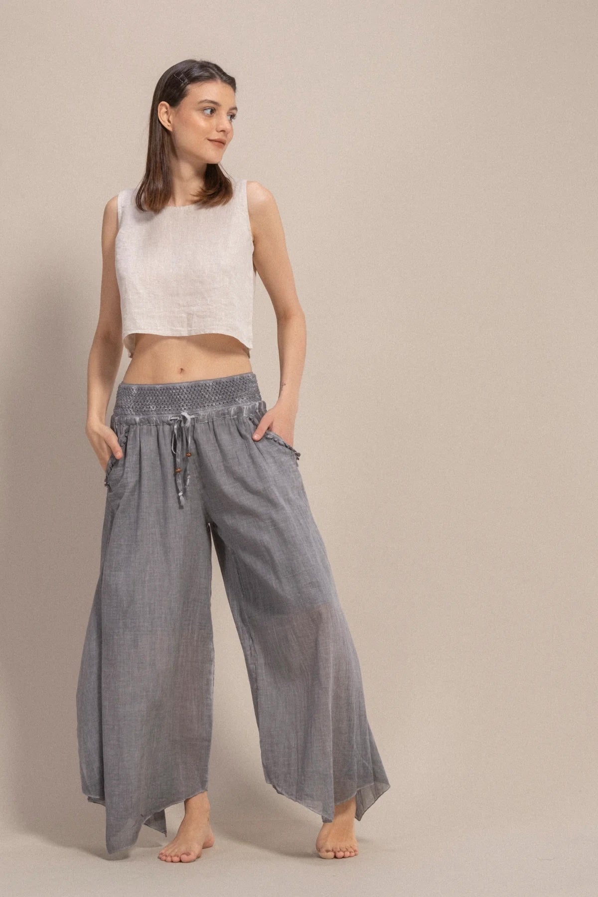 Grey Wide-Leg Palazzo Pants Front View — Organic Cotton by Vleyn