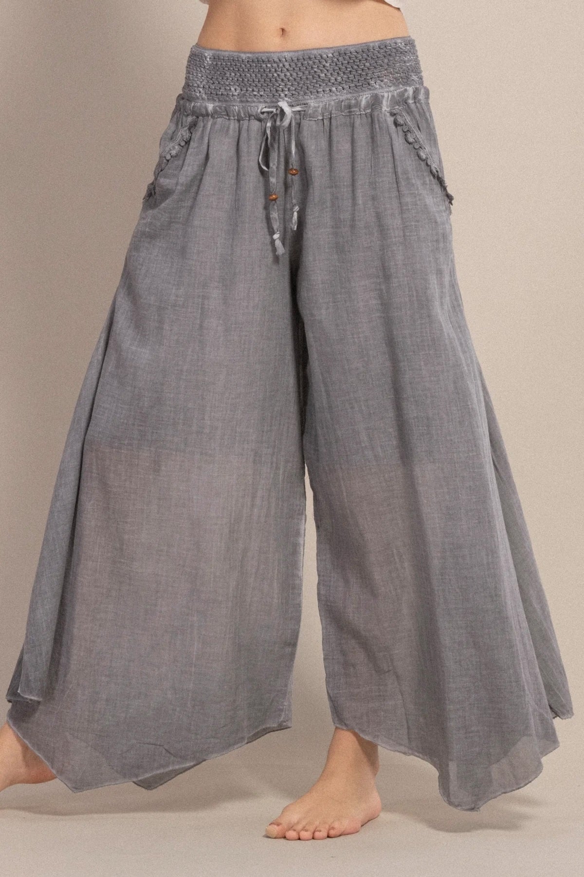 Grey Palazzo Pants Detail Shot — Boho Style Organic Cotton by Vleyn