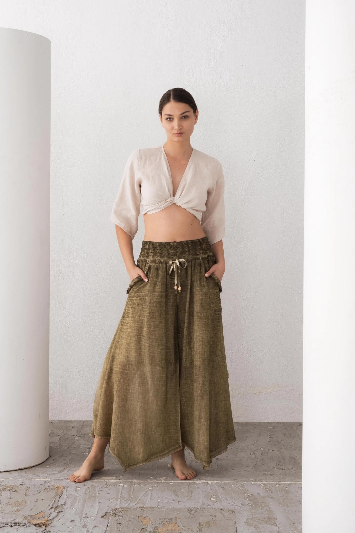 Green Organic Cotton Wide-Leg Palazzo Pants — Sustainable Boho Fashion by Vleyn