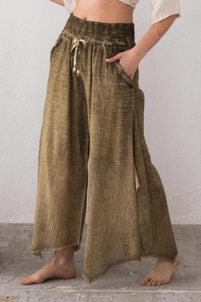 Green Wide-Leg Palazzo Pants Front View — Organic Cotton by Vleyn