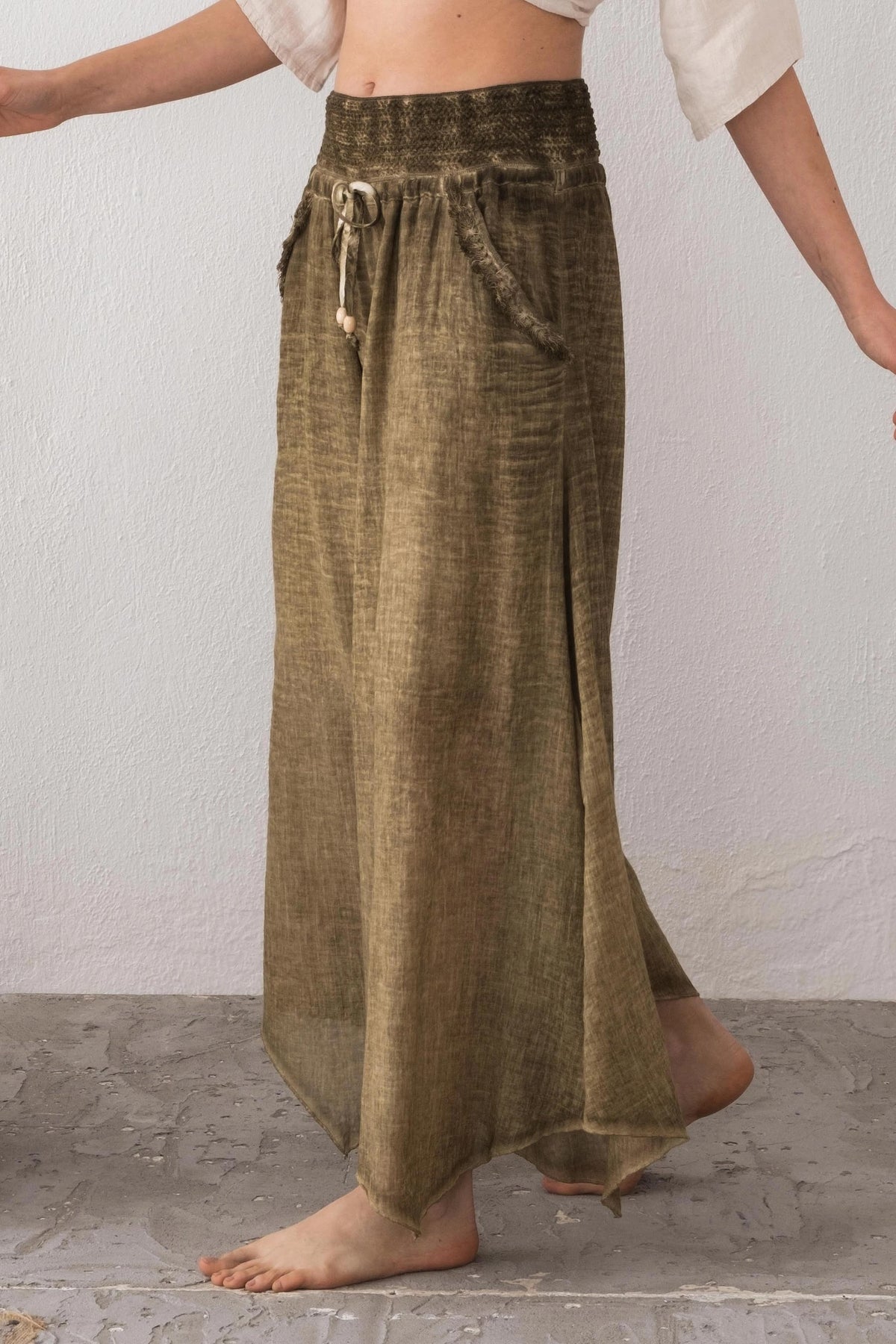 Green Palazzo Pants Detail Shot — Boho Style Organic Cotton by Vleyn