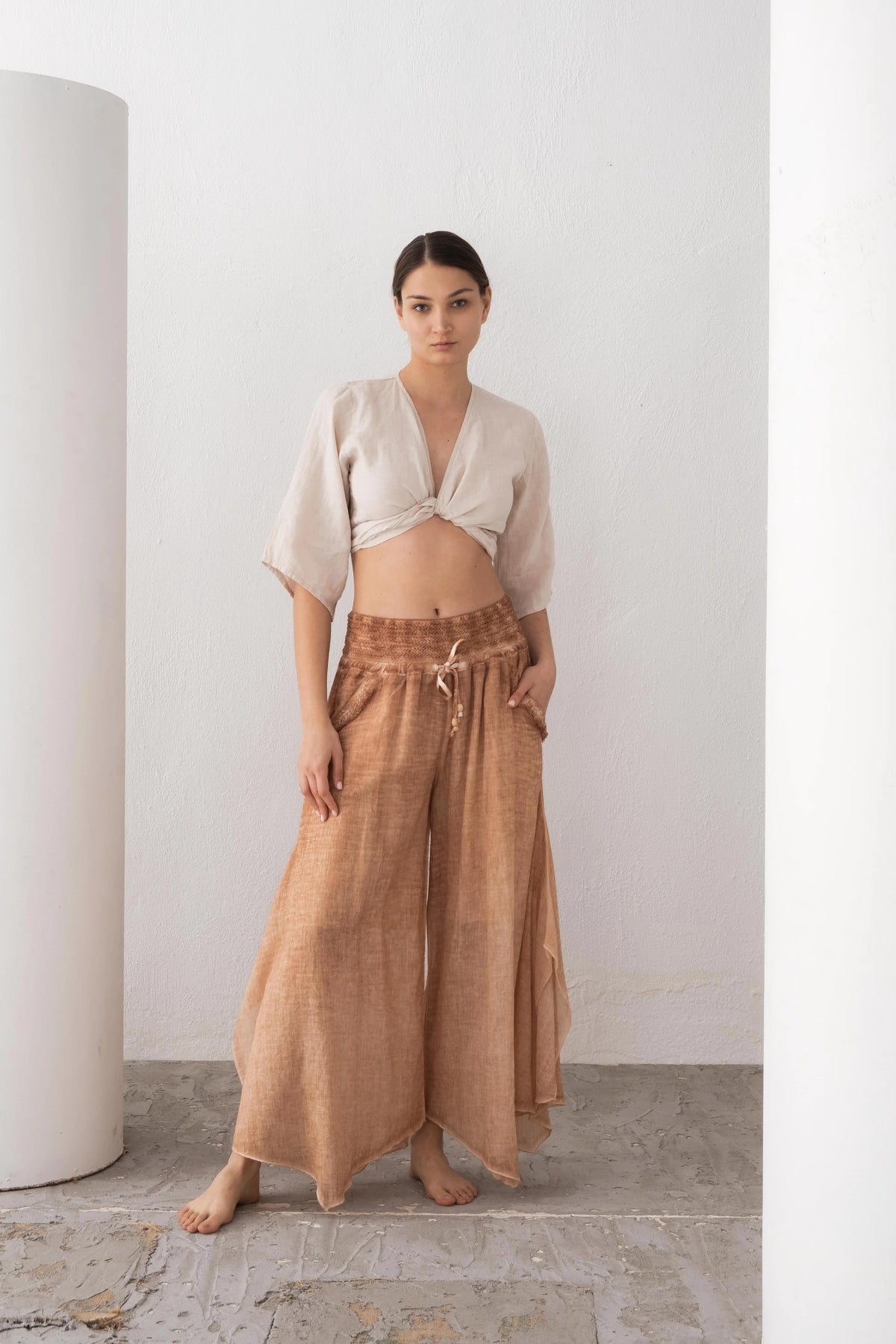 Mocha Organic Cotton Wide-Leg Palazzo Pants — Sustainable Boho Fashion by Vleyn