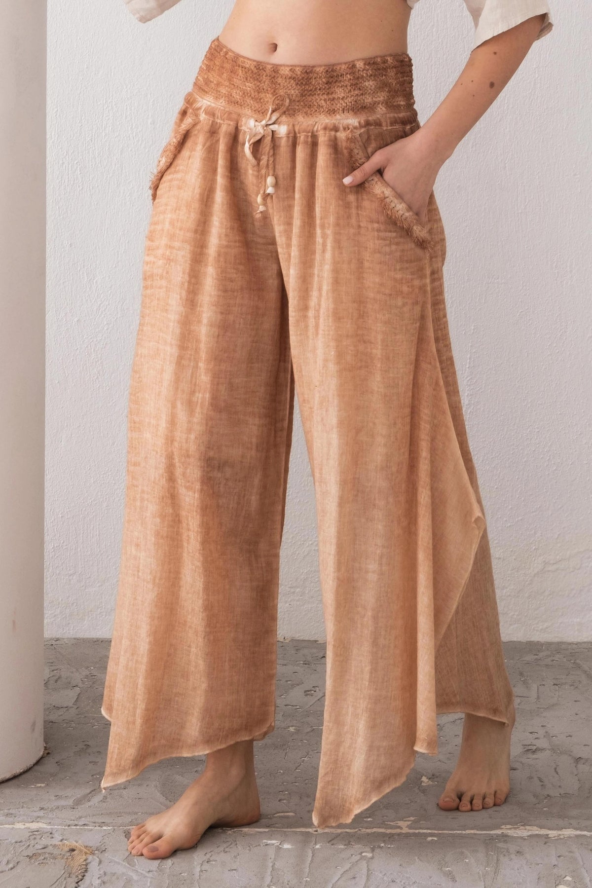Mocha Palazzo Pants Detail Shot — Boho Style Organic Cotton by Vleyn