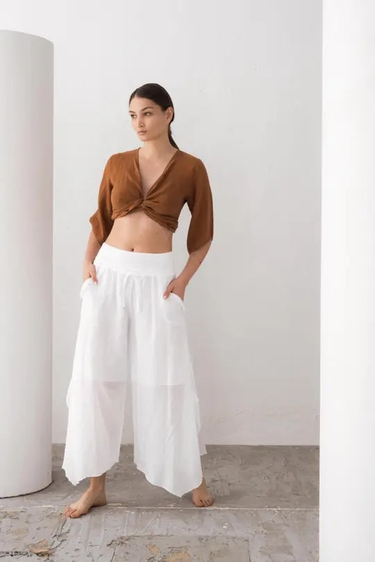 White Organic Cotton Wide-Leg Palazzo Pants — Sustainable Boho Fashion by Vleyn