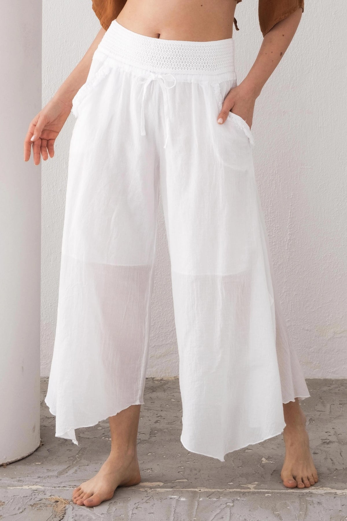 White Wide-Leg Palazzo Pants Front View — Organic Cotton by Vleyn