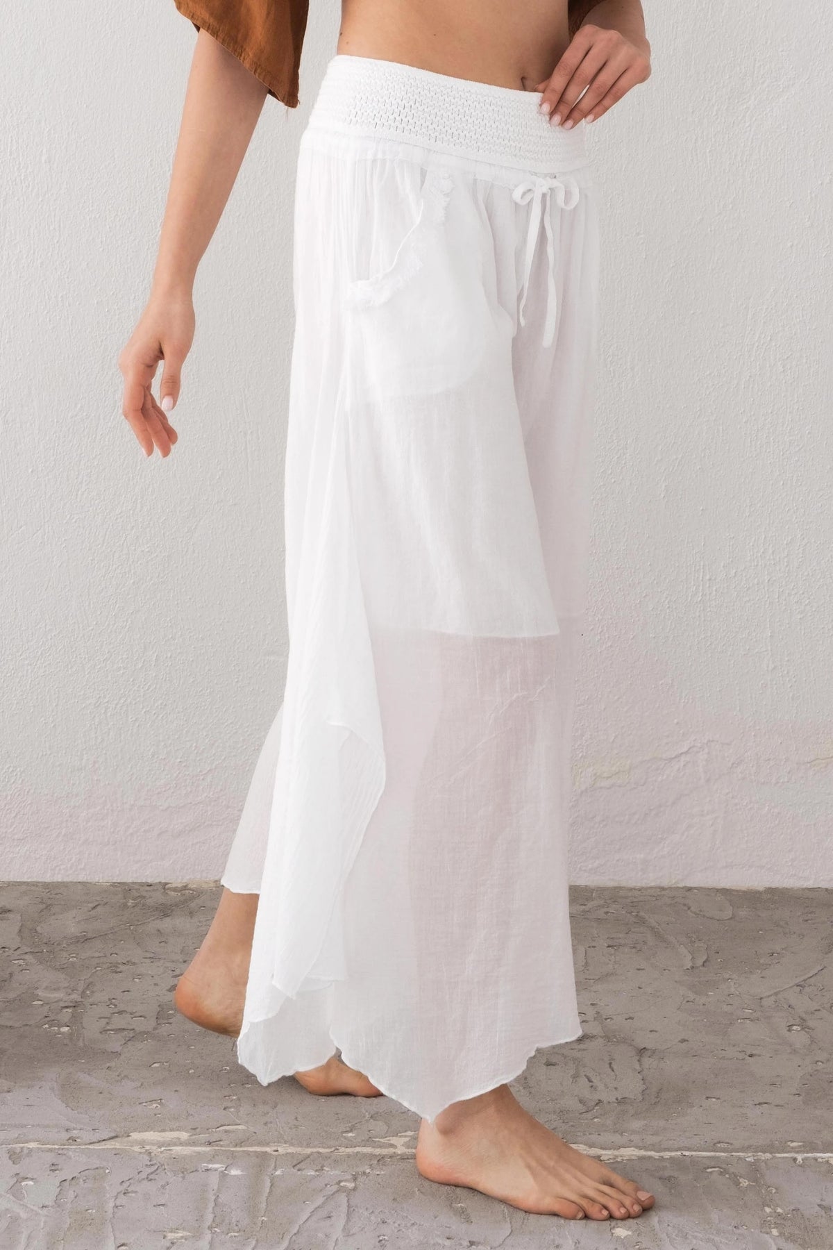 White Palazzo Pants Detail Shot — Boho Style Organic Cotton by Vleyn