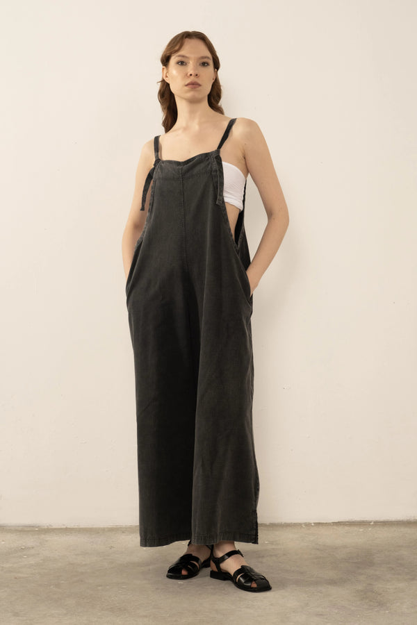 Black Organic Cotton Wide Leg Jumpsuit - Vleyn