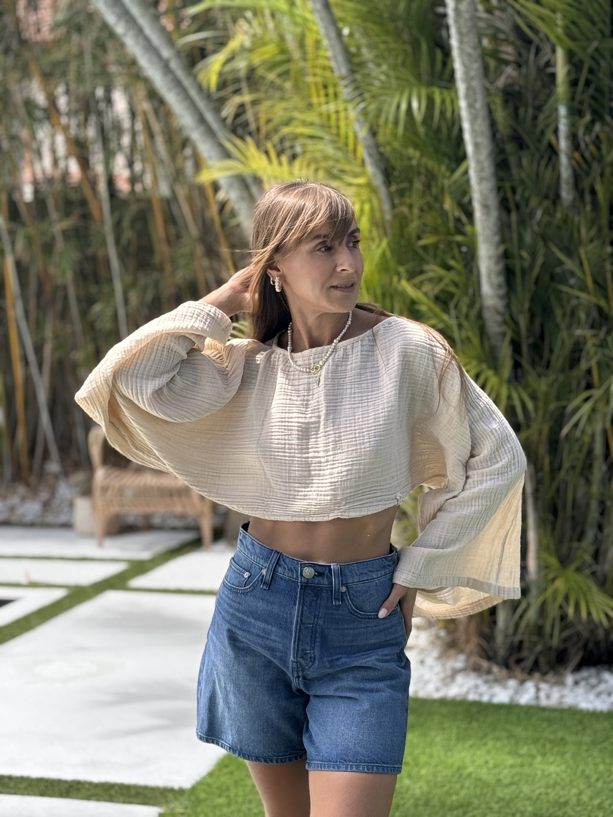 Beige Long Sleeve Muslin Shirt Detail — Double Gauze Fabric by Vleyn