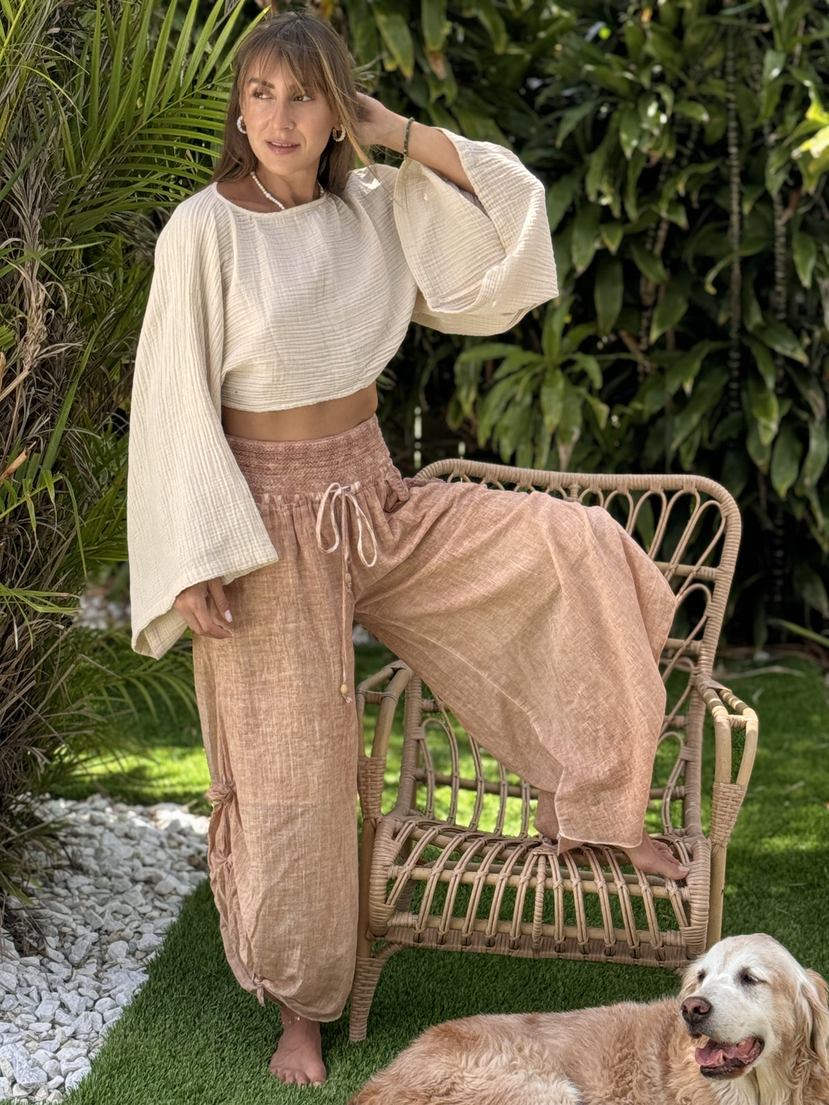 Beige Organic Cotton Long Sleeve Muslin Shirt — Sustainable Boho Resort Wear by Vleyn