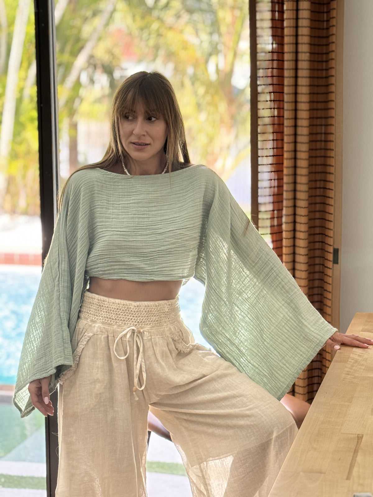 Sea Green Muslin Shirt Front View — Wide Sleeve Organic Cotton Top by Vleyn