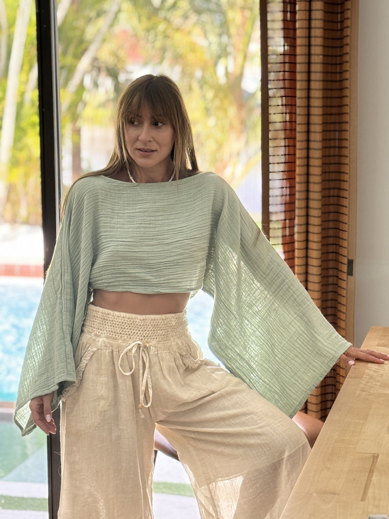 Sea Green Muslin Shirt Front View — Wide Sleeve Organic Cotton Top by Vleyn
