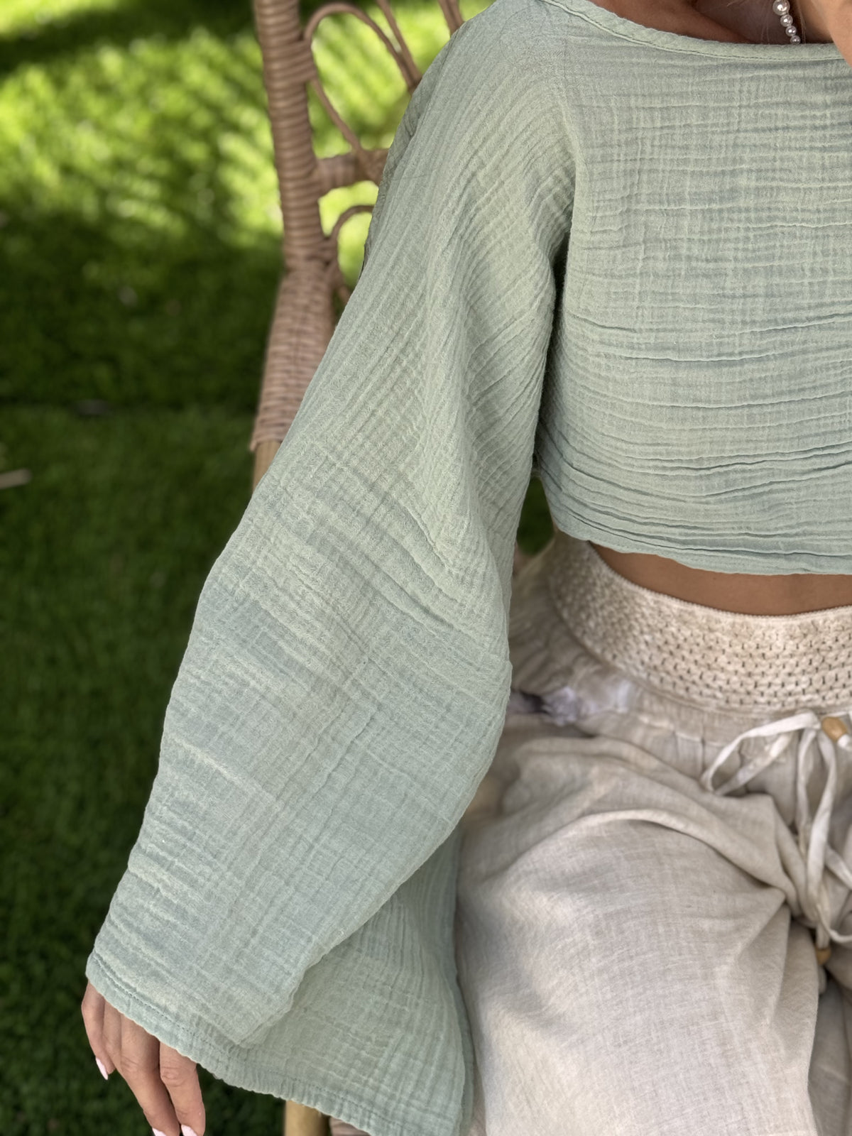 Sea Green Boho Muslin Shirt Full Length — Sustainable Fashion by Vleyn