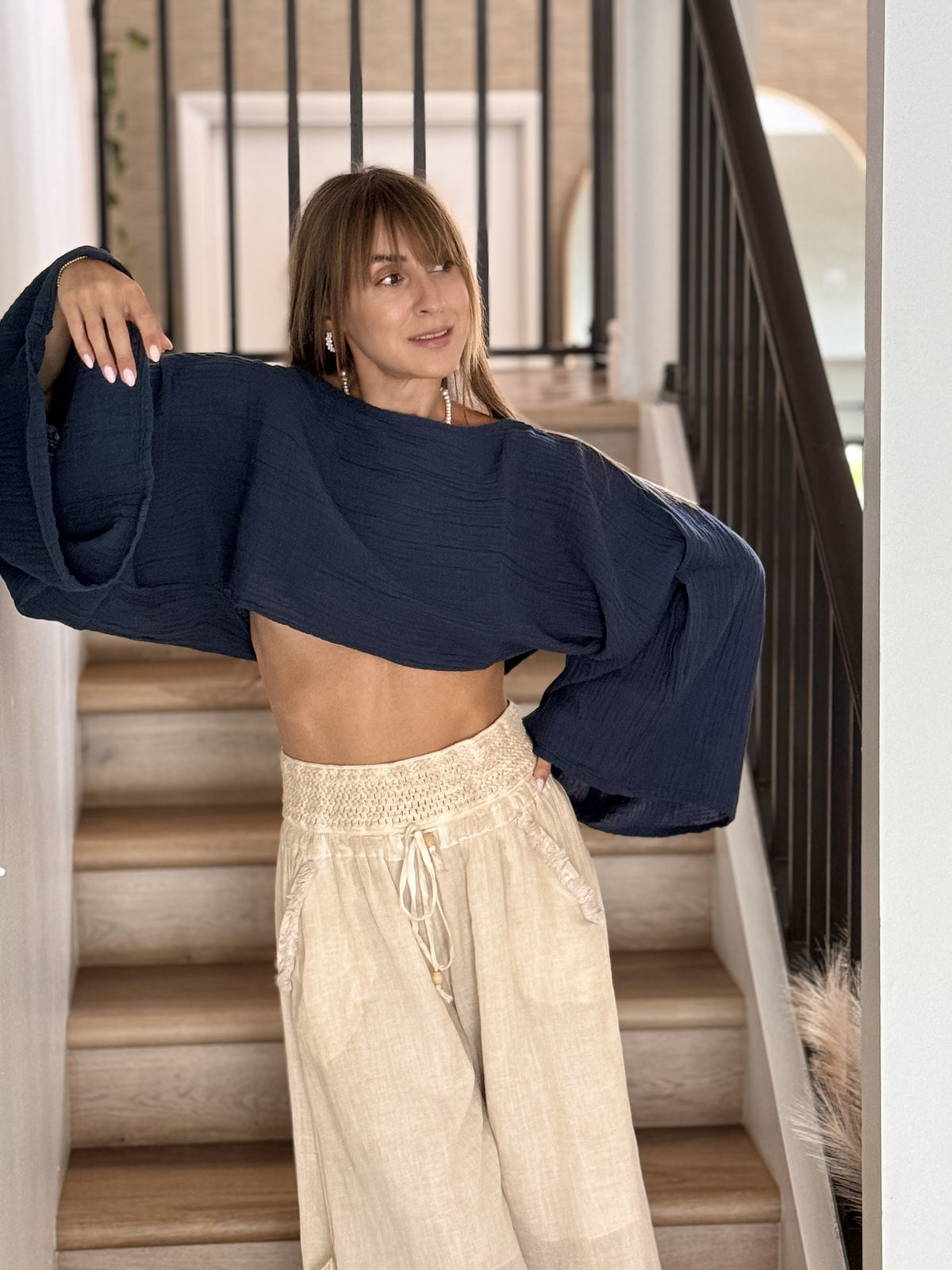 Navy Blue Boho Muslin Shirt Full Length — Sustainable Fashion by Vleyn