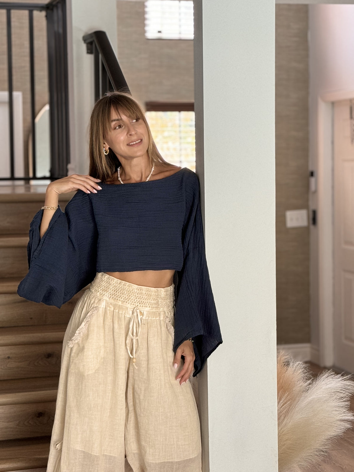 Navy Blue Boho Muslin Shirt Full Length — Sustainable Fashion by Vleyn