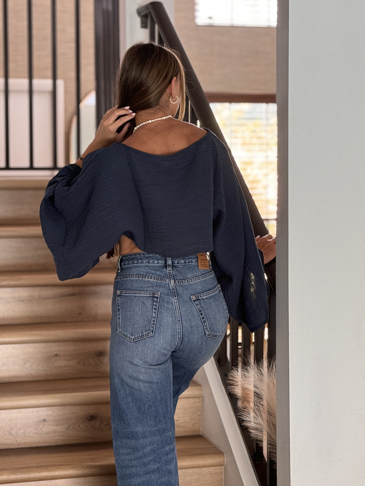 Navy Blue Long Sleeve Muslin Shirt Detail — Double Gauze Fabric by Vleyn