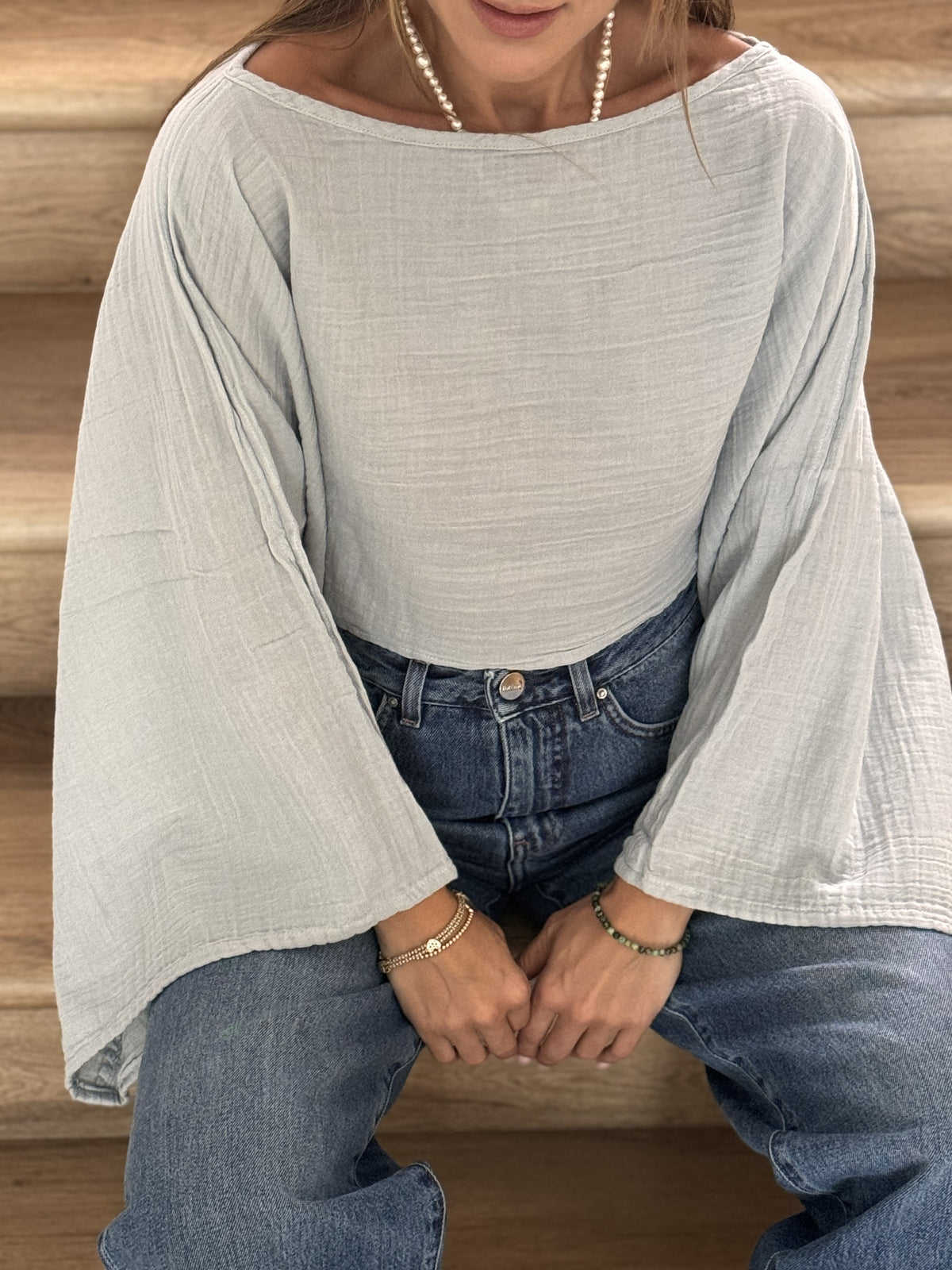 Baby Blue Long Sleeve Muslin Shirt Detail — Double Gauze Fabric by Vleyn