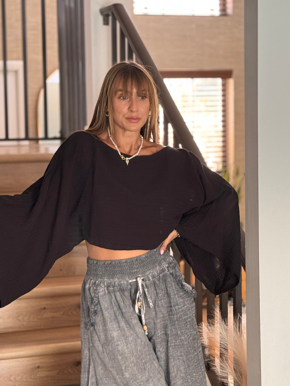 Black Muslin Shirt Front View — Wide Sleeve Organic Cotton Top by Vleyn