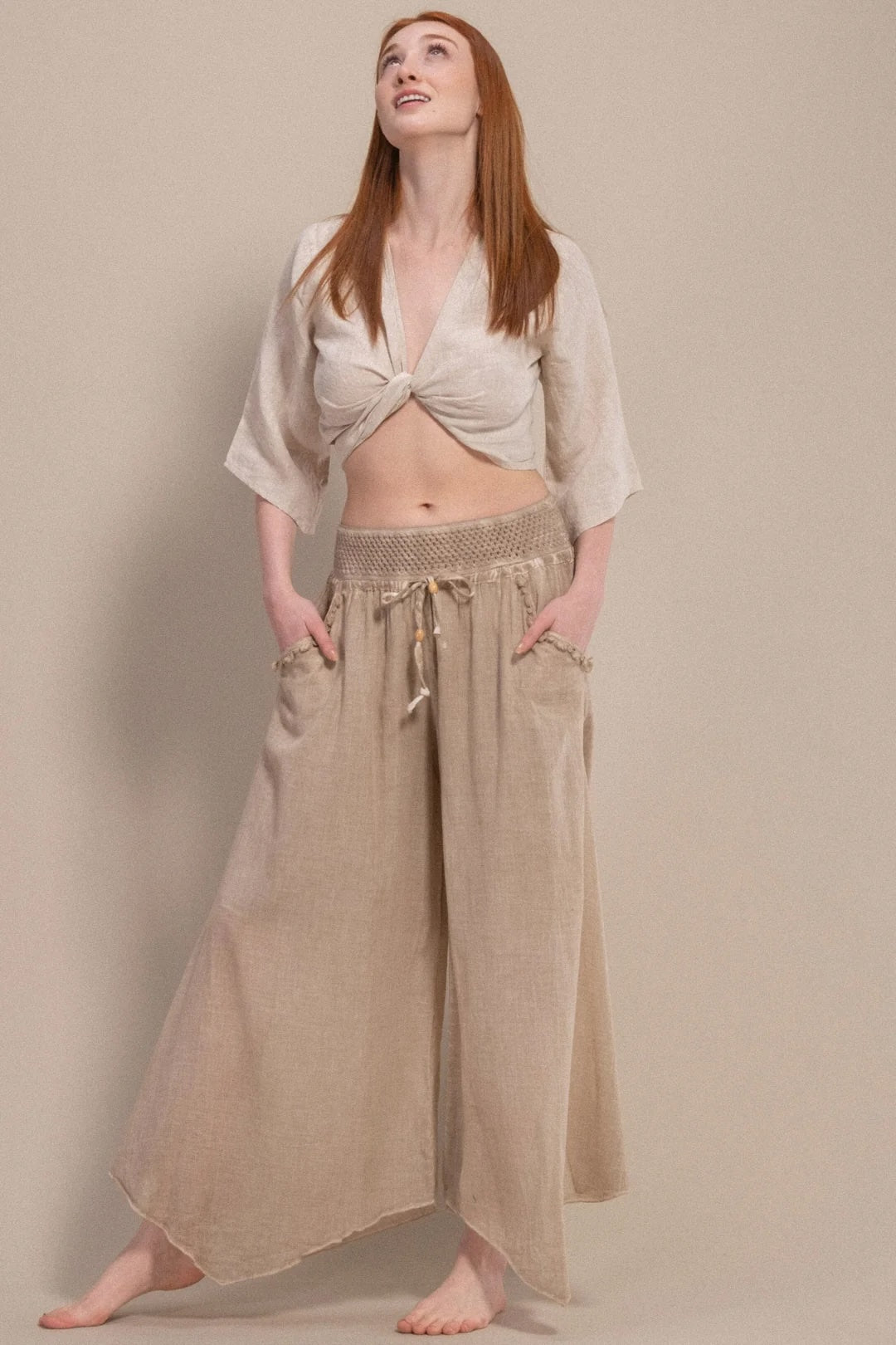 Beige Organic Cotton Wide-Leg Palazzo Pants — Sustainable Boho Fashion by Vleyn