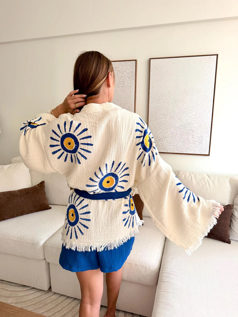 Blue Evil Eye Short Kimono - Vleyn
