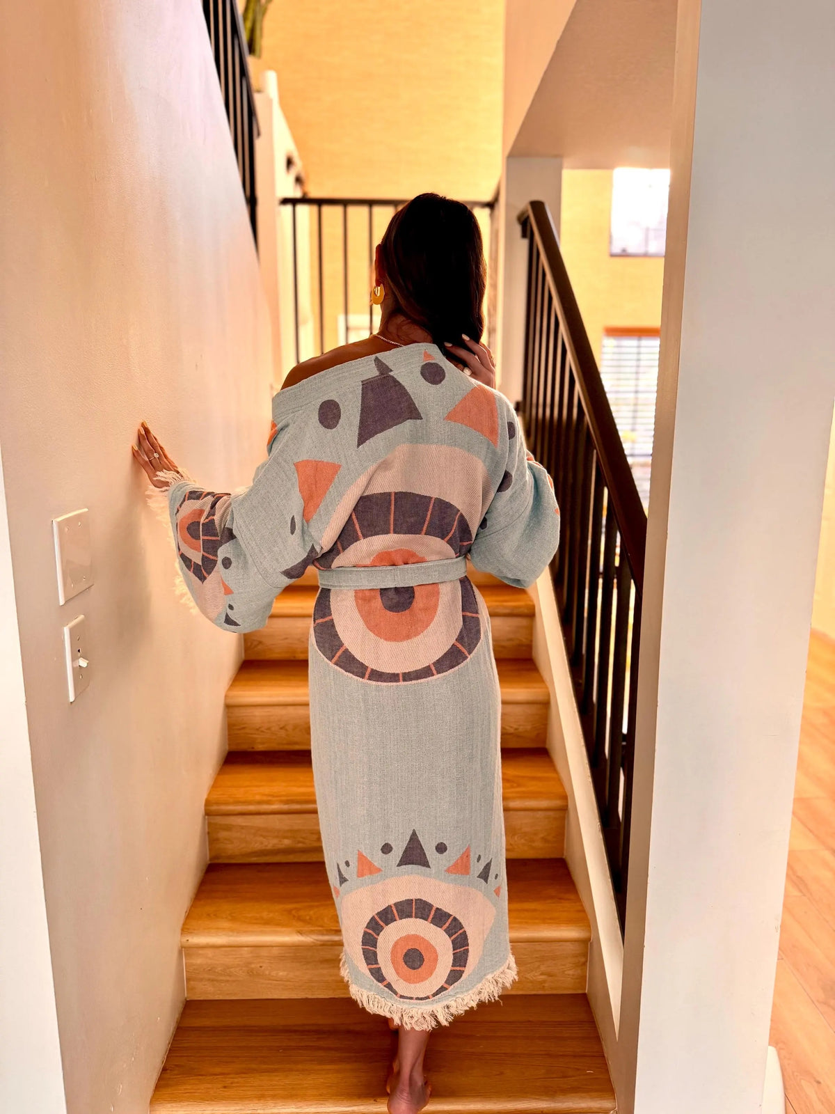 Eco Chic Woven Cotton Boho Eye Robe - Aqua Blue back