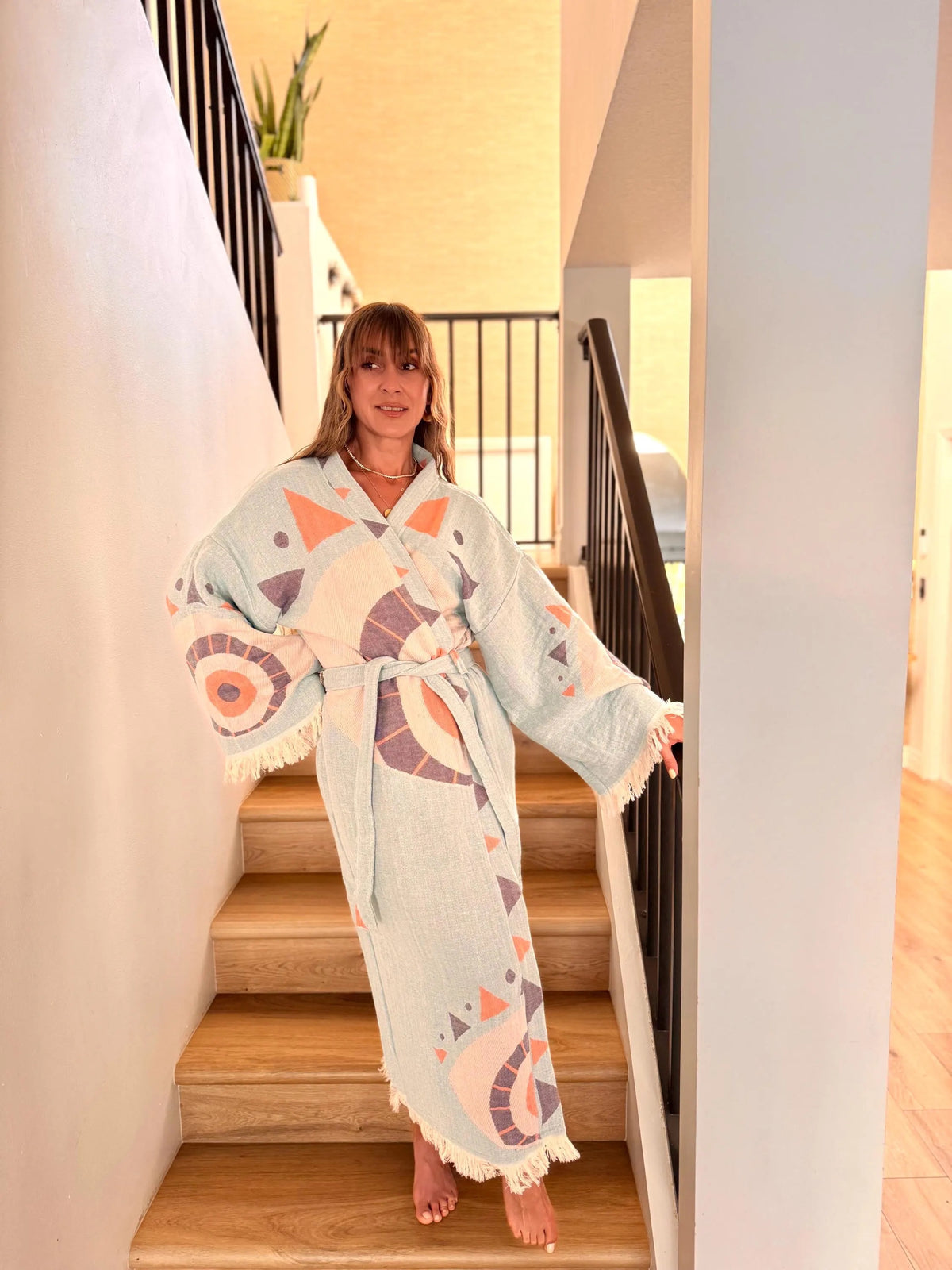 Eco Chic Woven Cotton Boho Eye Robe - Aqua Blue front