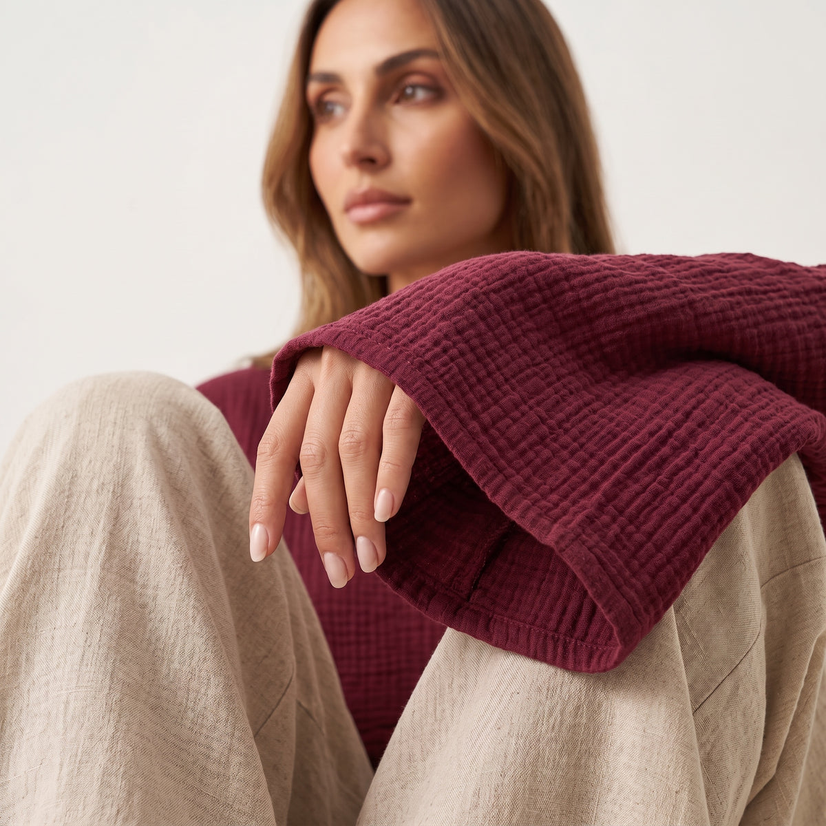 Burgundy Long Sleeve Muslin Shirt - front crop view | burgundy muslin cropped top bell sleeves | Vleyn
