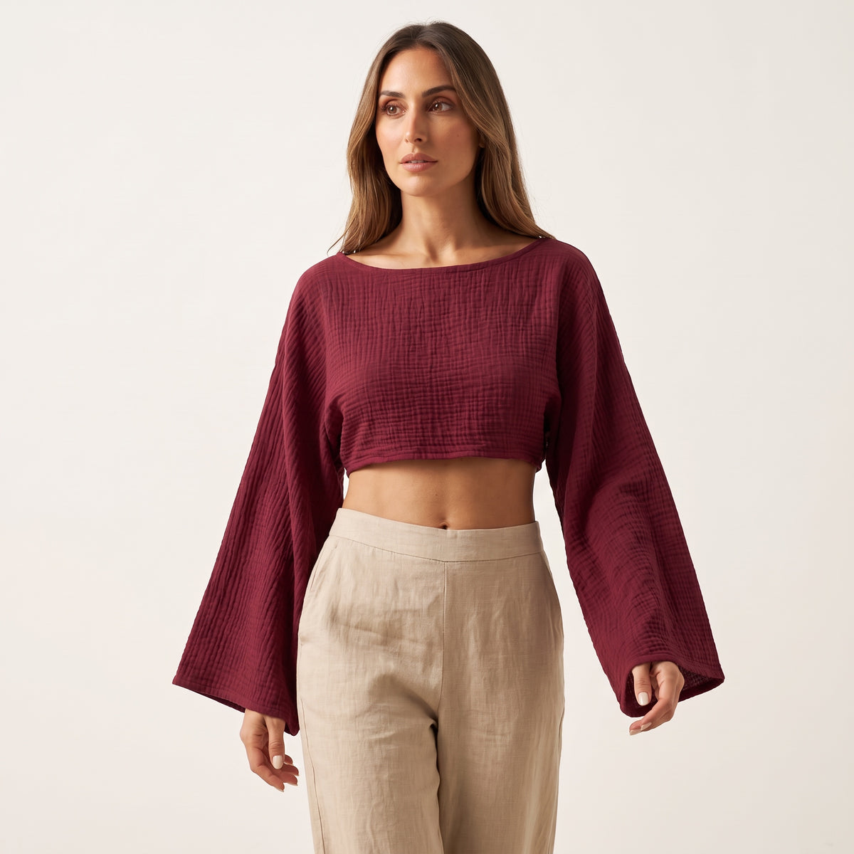 Burgundy Long Sleeve Muslin Shirt - full length view | muslin crop shirt wide leg trousers outfit | Vleyn