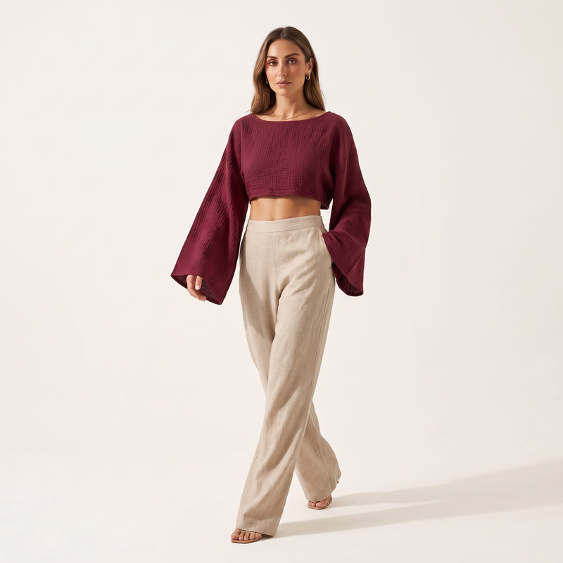 Burgundy Long Sleeve Muslin Shirt - side walking view | long sleeve muslin top bateau neckline | Vleyn