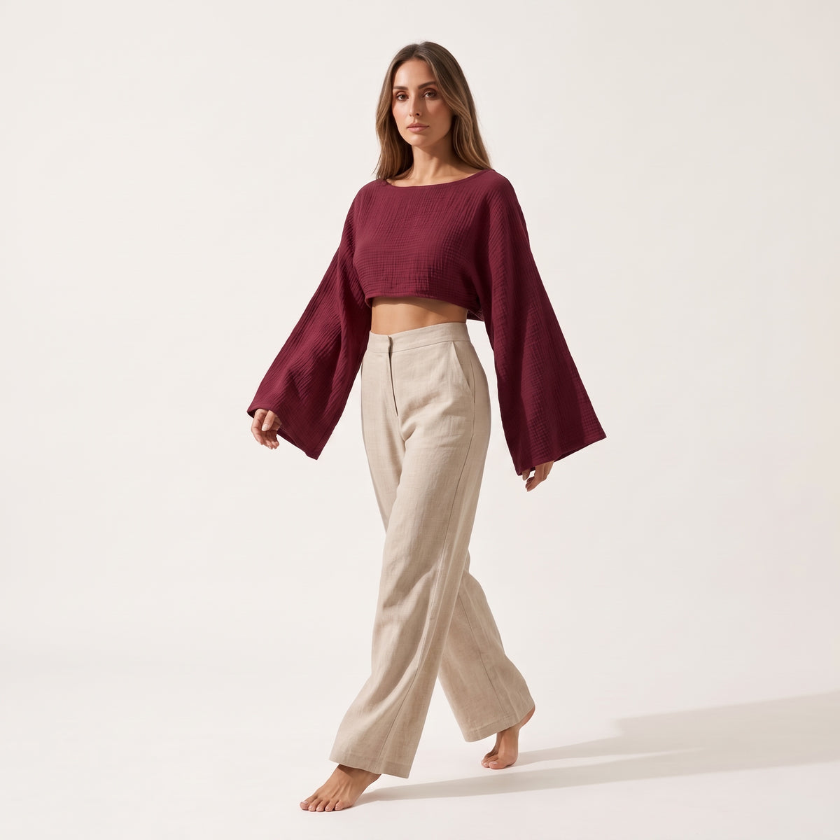 Burgundy Long Sleeve Muslin Shirt - fabric detail view | double layer muslin cotton texture close-up | Vleyn