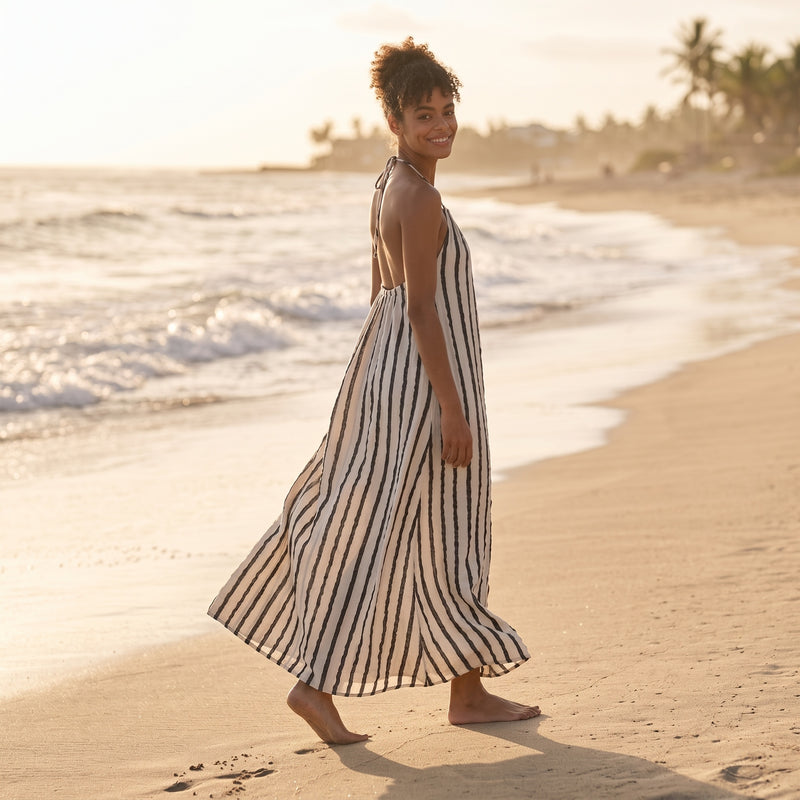 Cabana Stripe Halter Dress - side view | striped halter dress | Vleyn