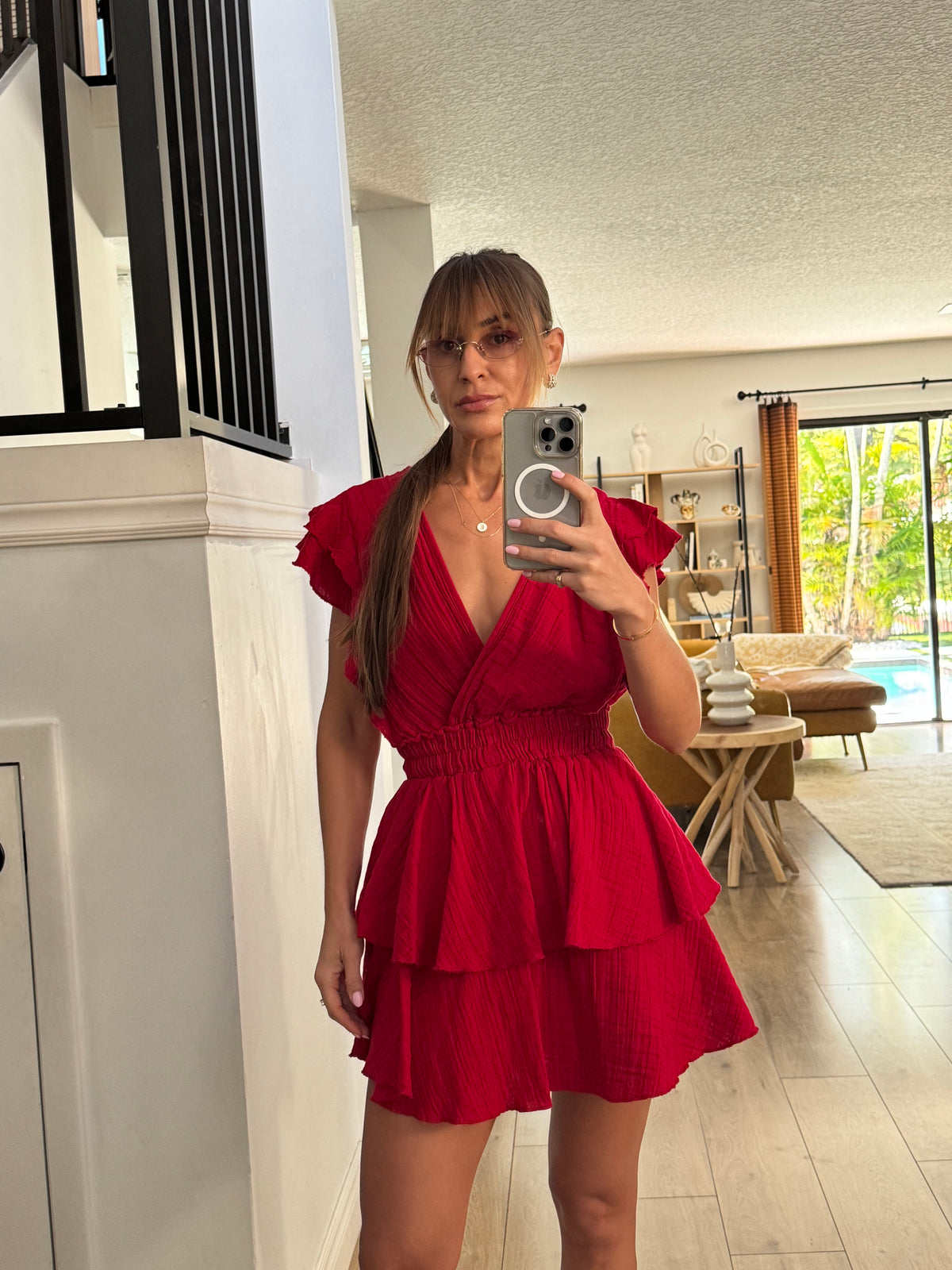 Cardinal Ruffle Romper Dress - front view | bright red V-neck organic cotton ruffle mini dress | Vleyn