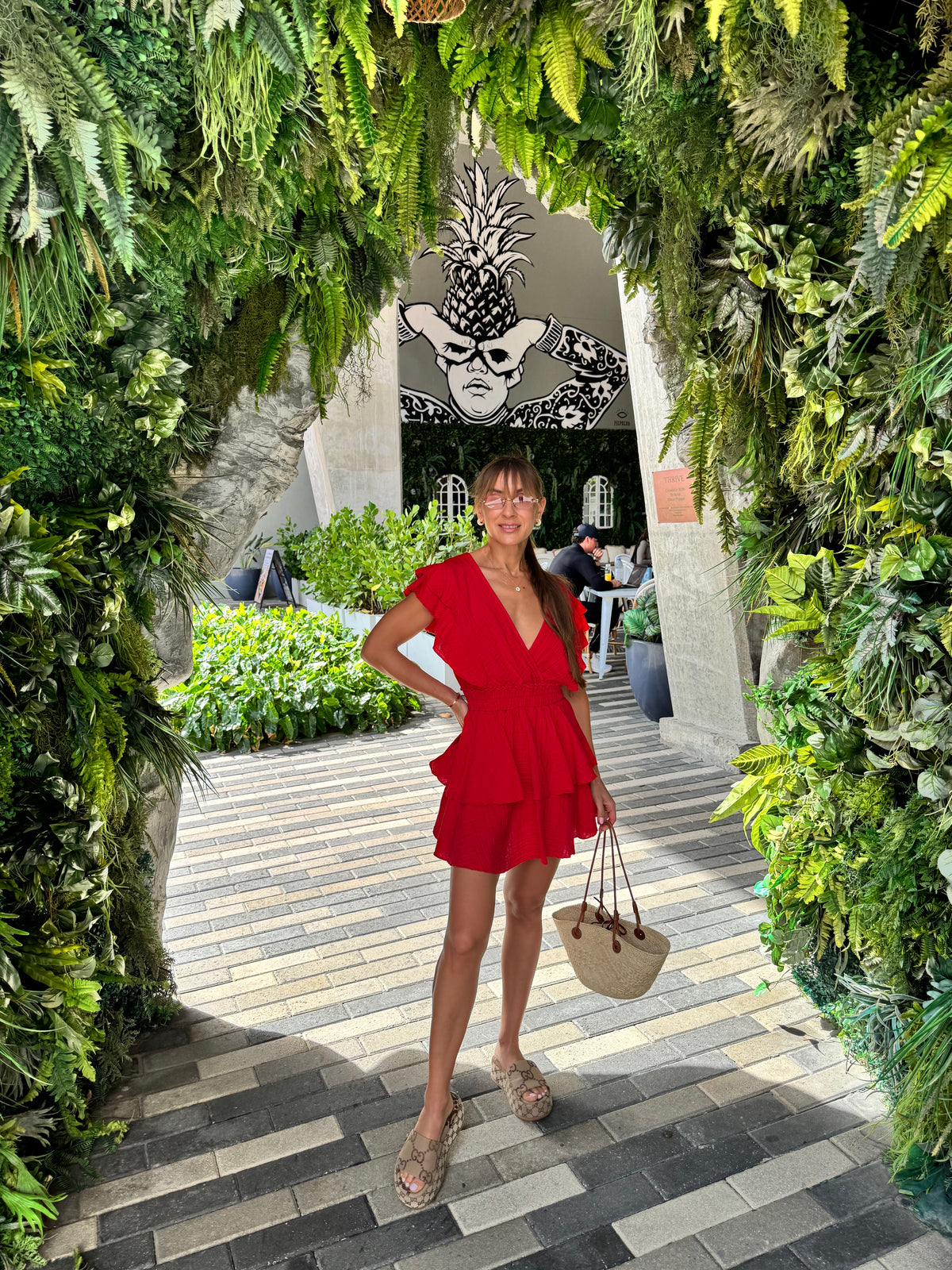 Cardinal Ruffle Romper Dress - full length view | cardinal red layered ruffle romper boho style | Vleyn