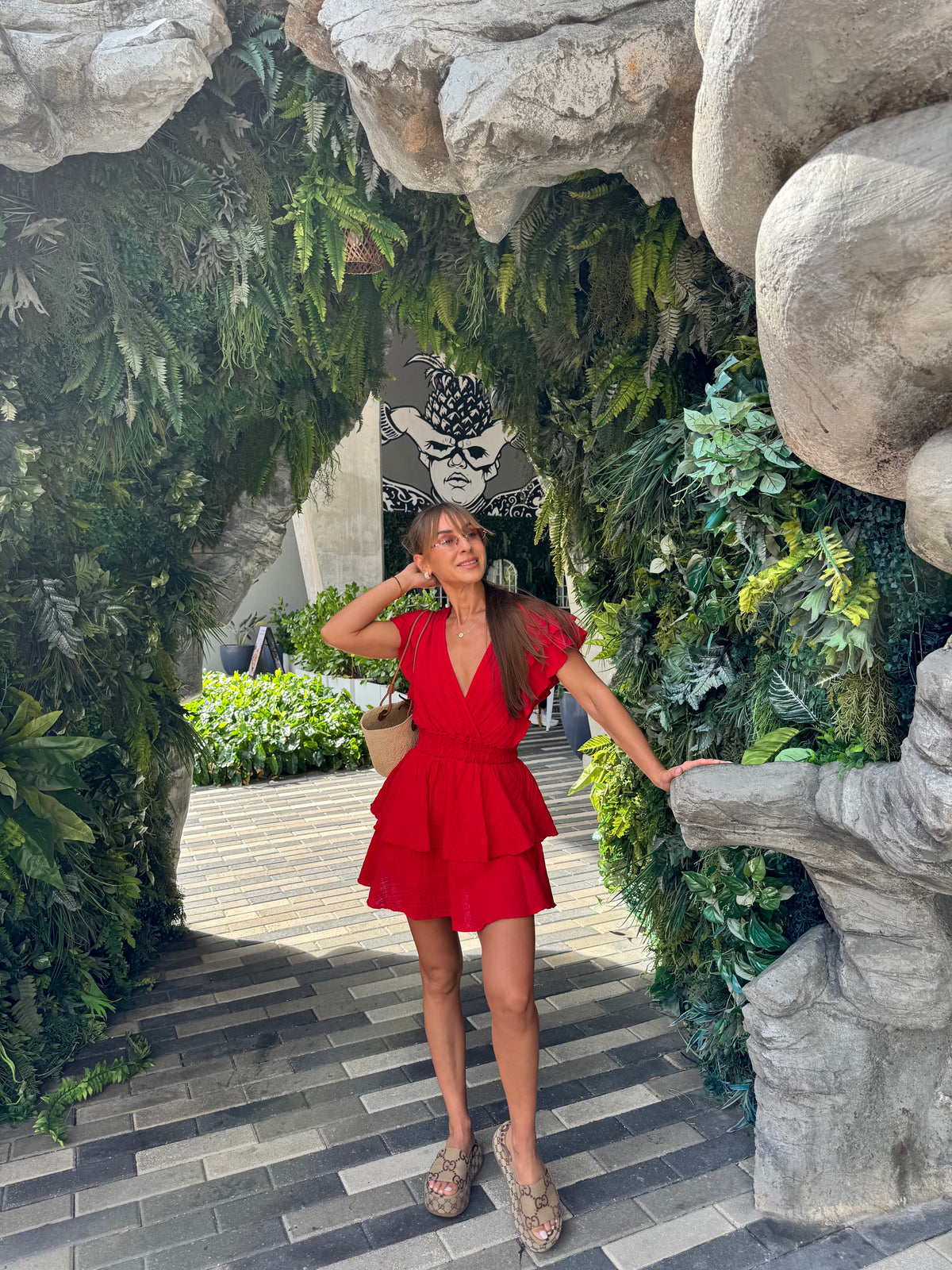 Cardinal Ruffle Romper Dress - mirror view detail | elasticated waist organic cotton romper dress | Vleyn