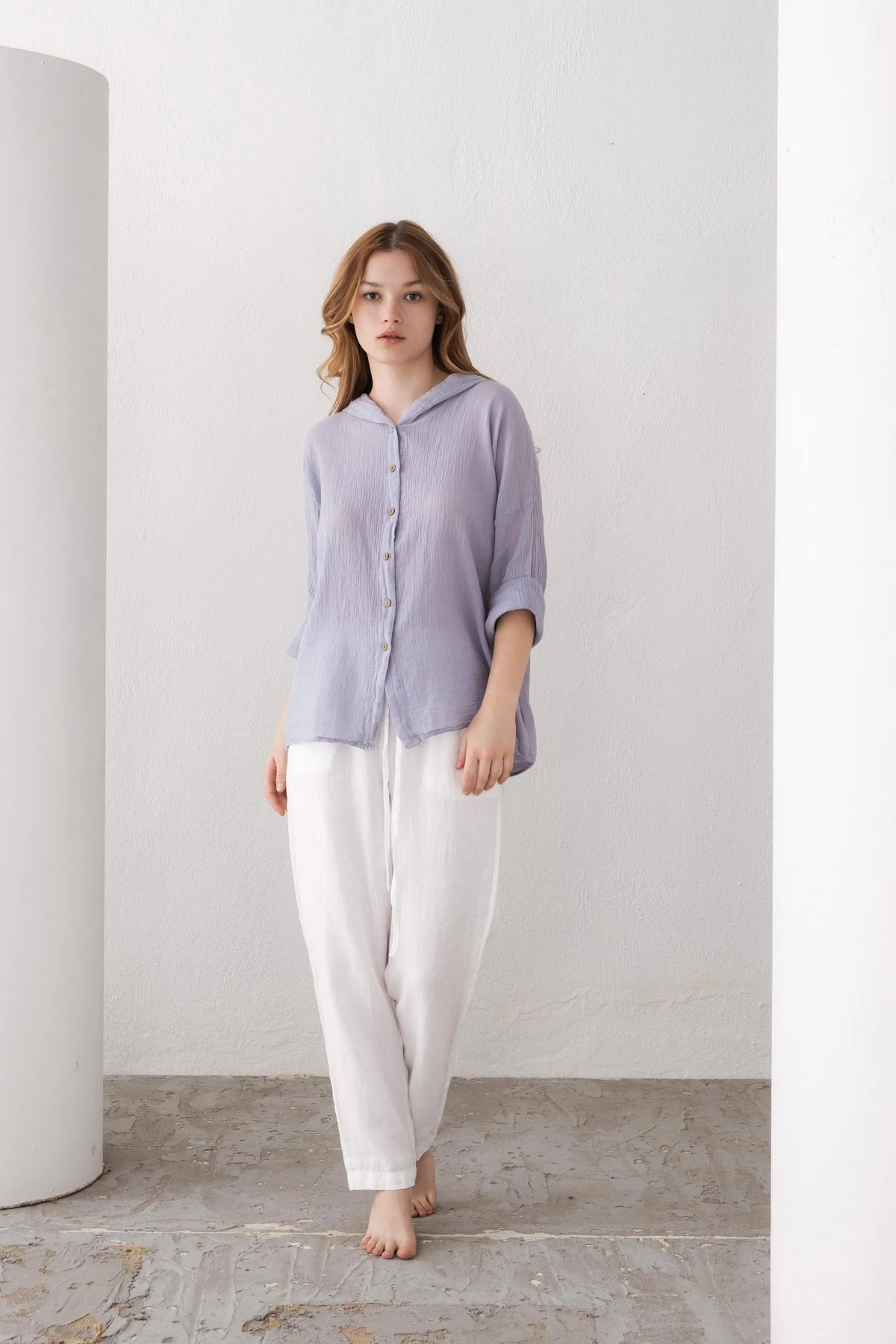 Lilac Linen Hoodie Shirt Detail — Resort Wear by Vleyn