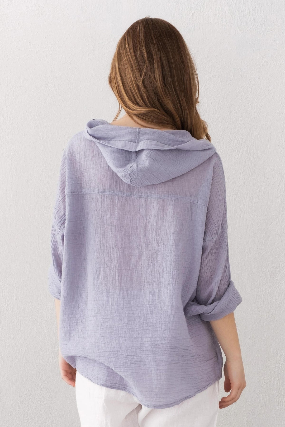 Lilac Organic Linen Hoodie Front View — Sustainable Beach Cover Up by Vleyn