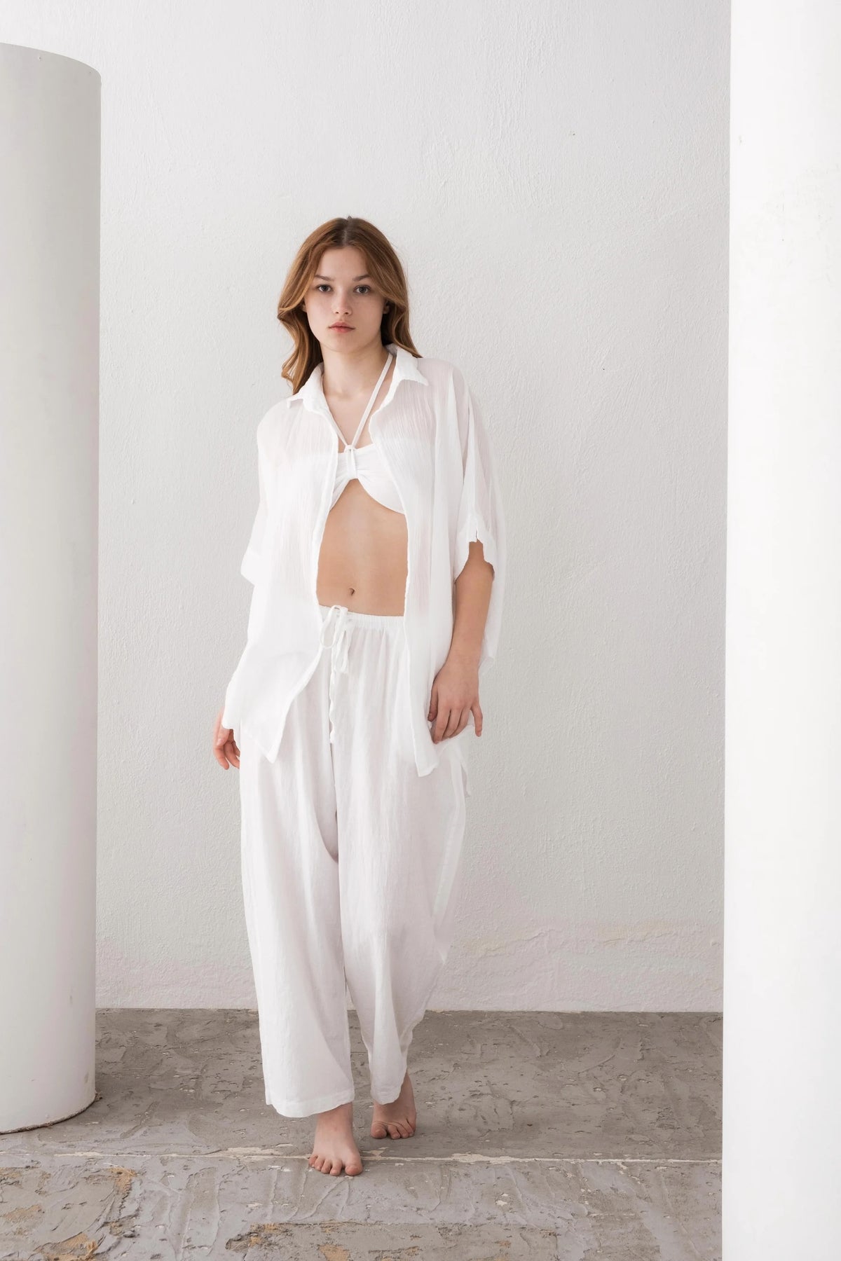 White Bottomless Linen Shirt Detail — Organic Linen Boho Fashion by Vleyn