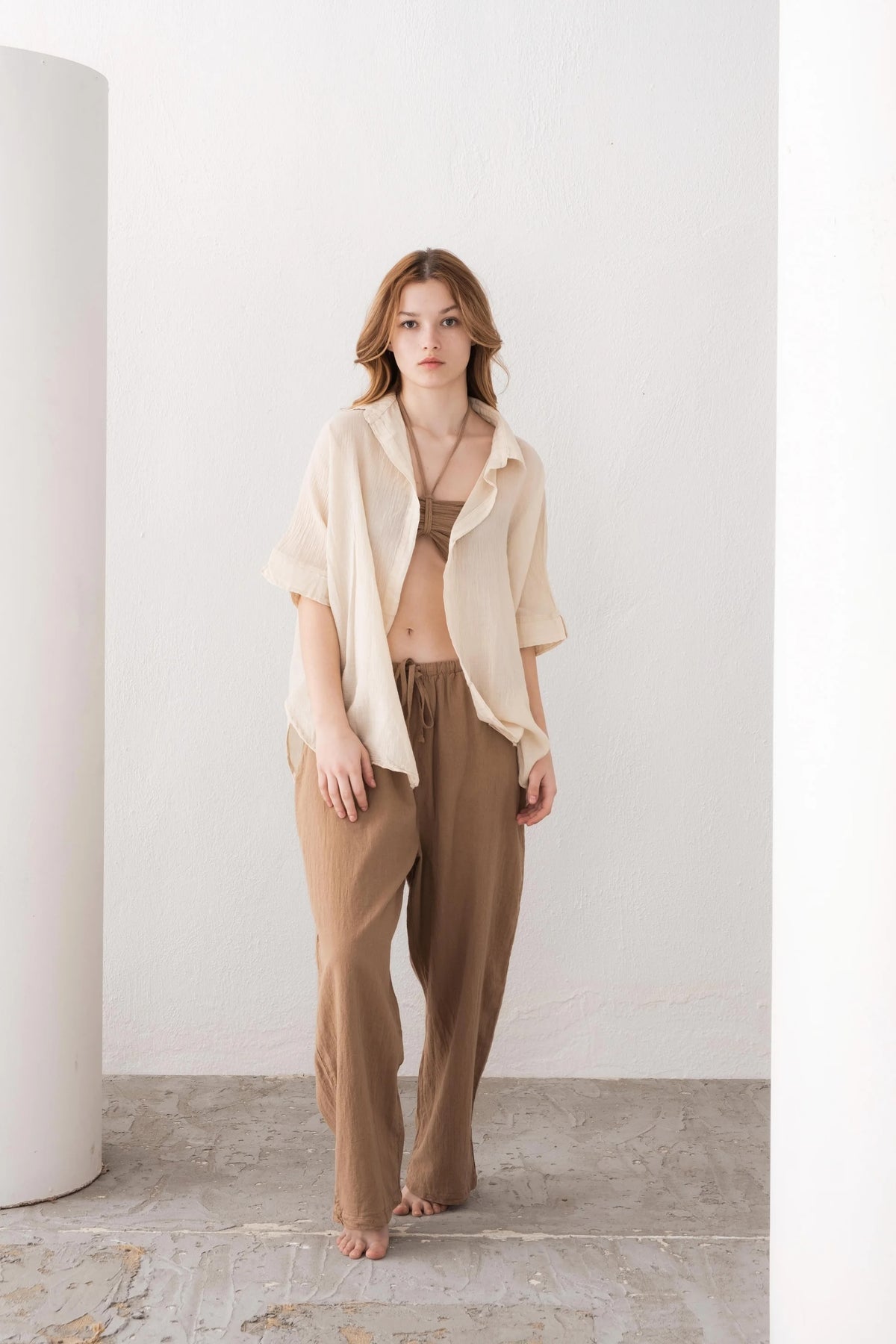 Beige Bottomless Linen Shirt Detail — Organic Linen Boho Fashion by Vleyn