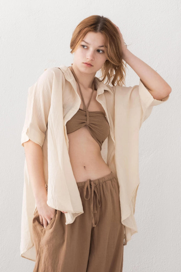 Beige Color Short Sleeve Bottomless Linen Shirt - Vleyn