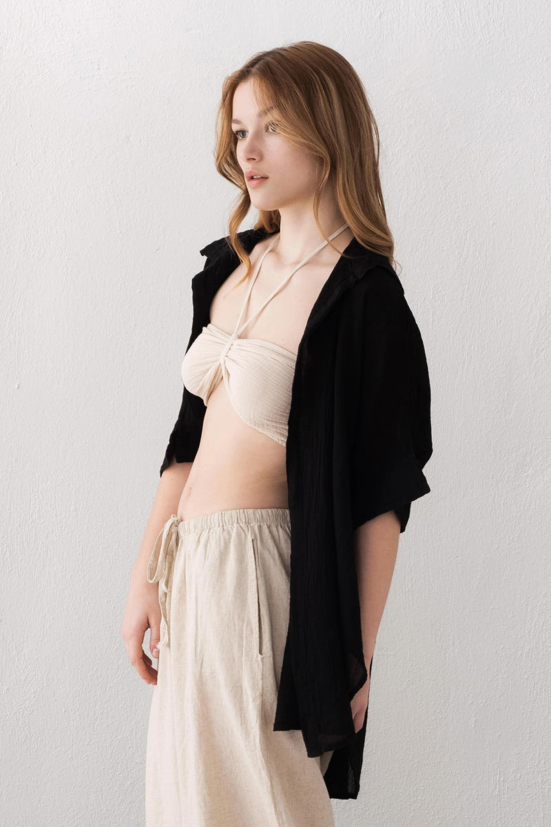 Black Cropped Linen Shirt Front View — Sustainable Summer Top by Vleyn