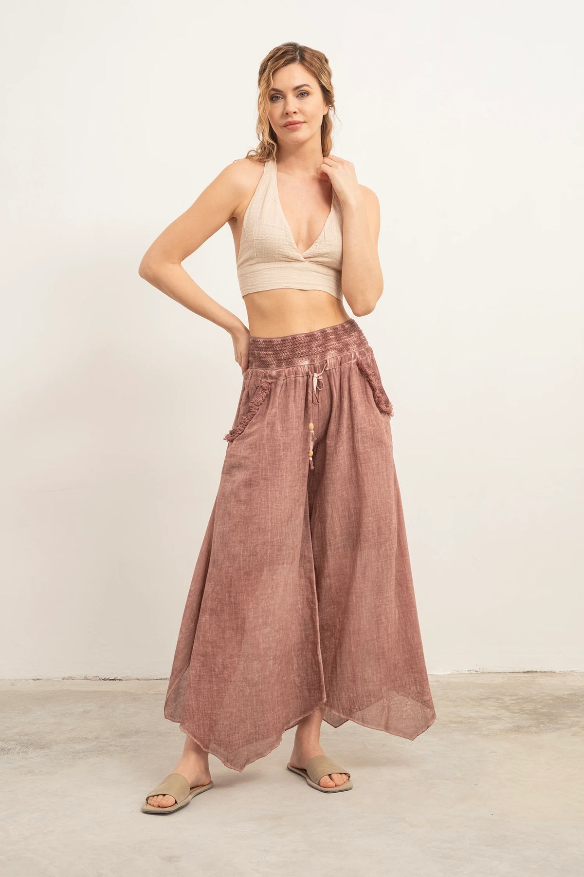 Dusty Rose Organic Cotton Wide-Leg Palazzo Pants — Sustainable Boho Fashion by Vleyn