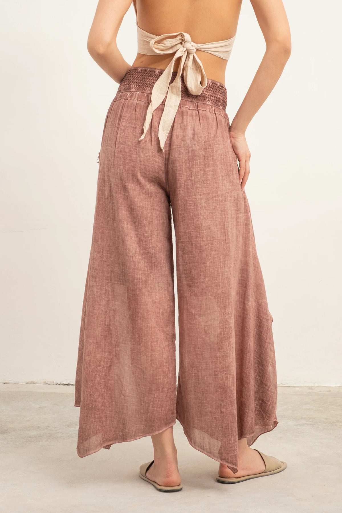 Dusty Rose Palazzo Pants Detail Shot — Boho Style Organic Cotton by Vleyn
