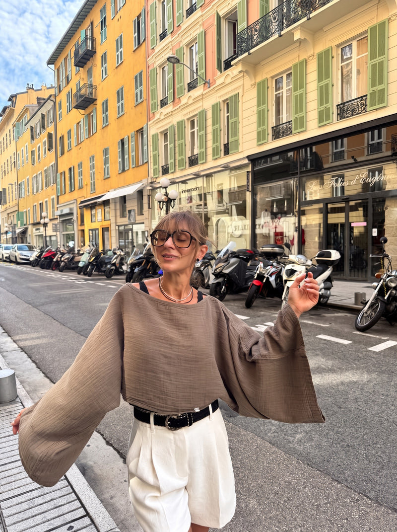 Espresso Long Sleeve Muslin Shirt - street style front view | espresso muslin crop top bell sleeves | Vleyn