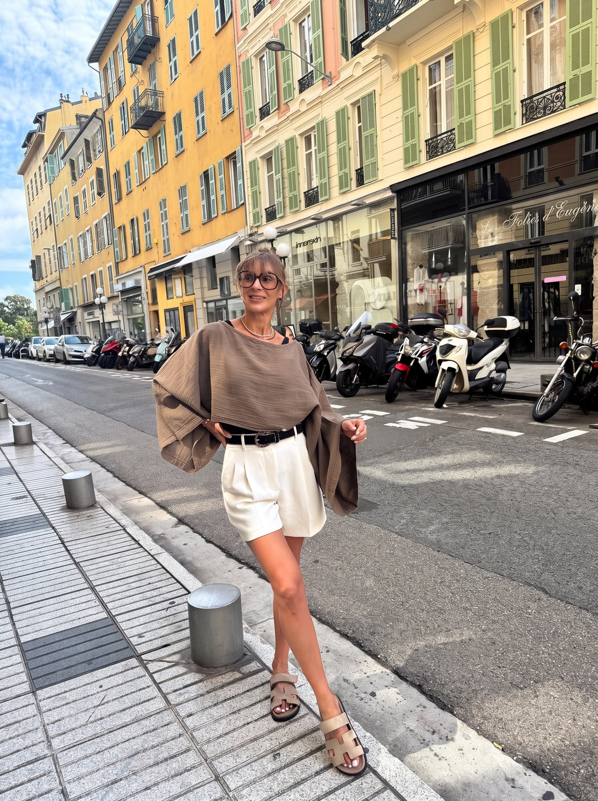 Espresso Long Sleeve Muslin Shirt - full length street view | muslin boho top shorts outfit | Vleyn