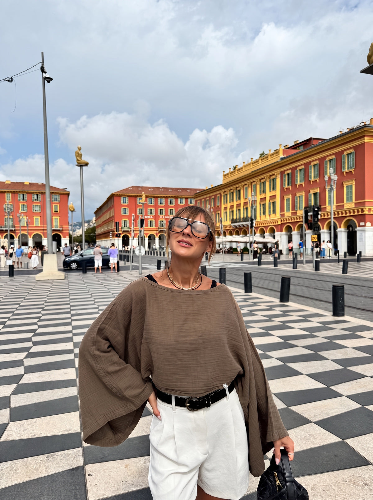 Espresso Long Sleeve Muslin Shirt - lifestyle square view | long sleeve muslin shirt bateau neckline | Vleyn