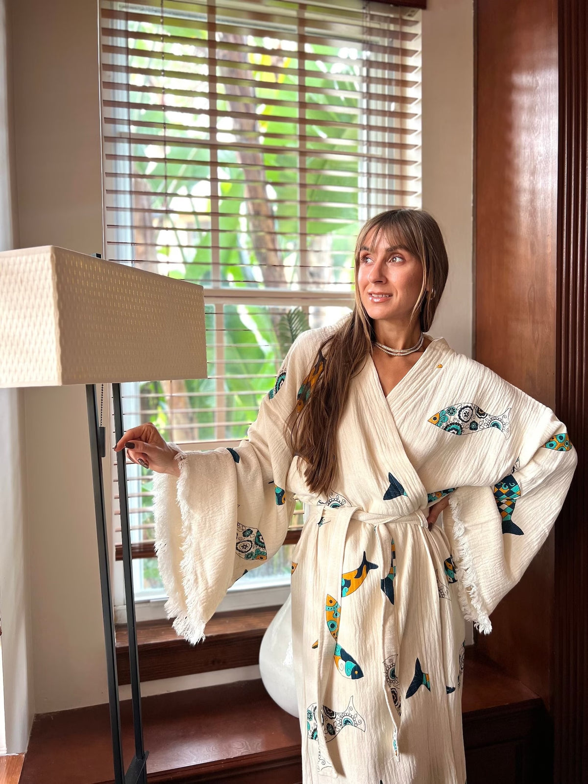 Stone Printed Fish Robe — Organic Cotton Boho Loungewear Robe by Vleyn