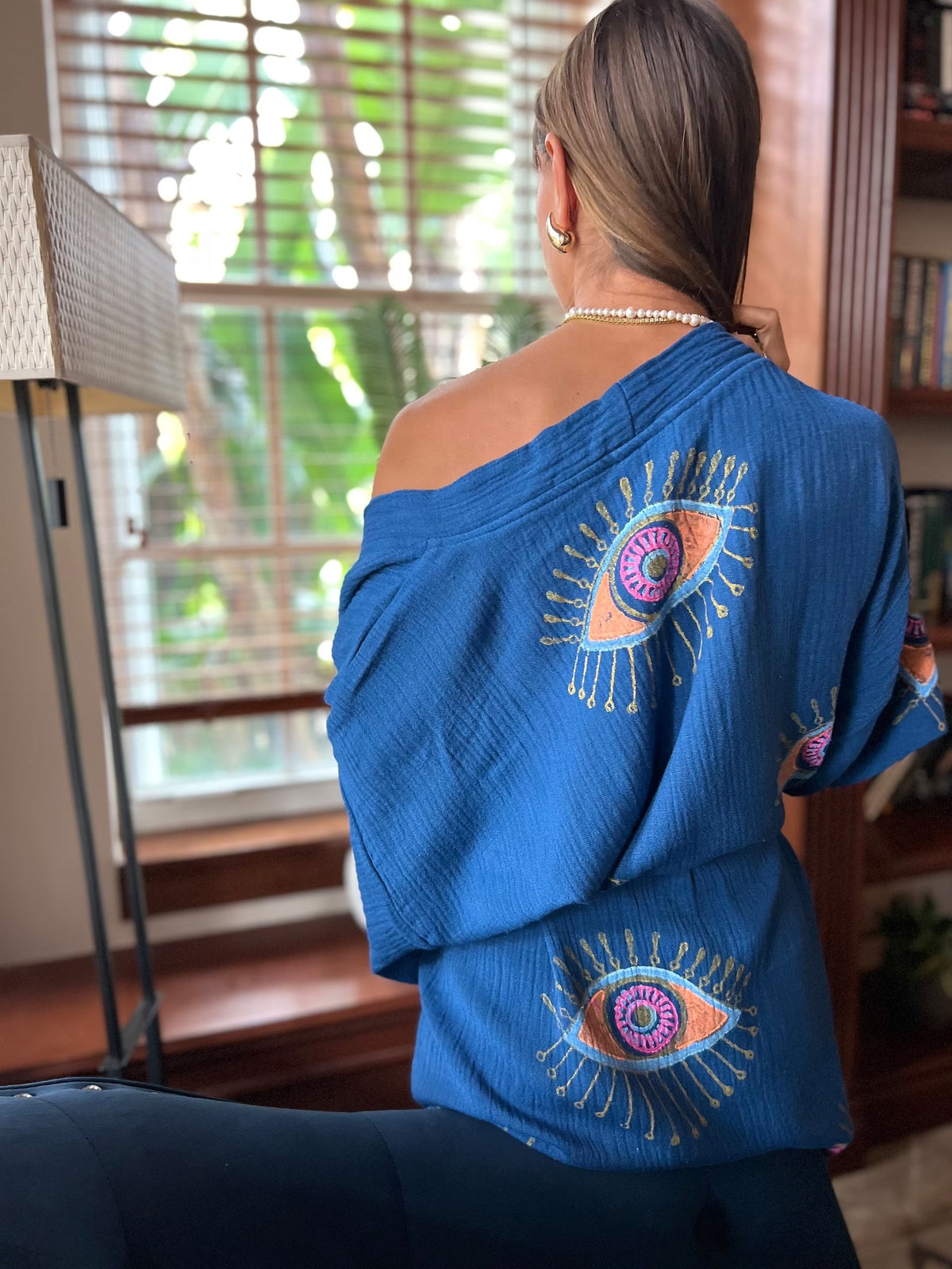 Blue Evil Eye Kimono Detail Shot — Handcrafted in Turkey by Vleyn