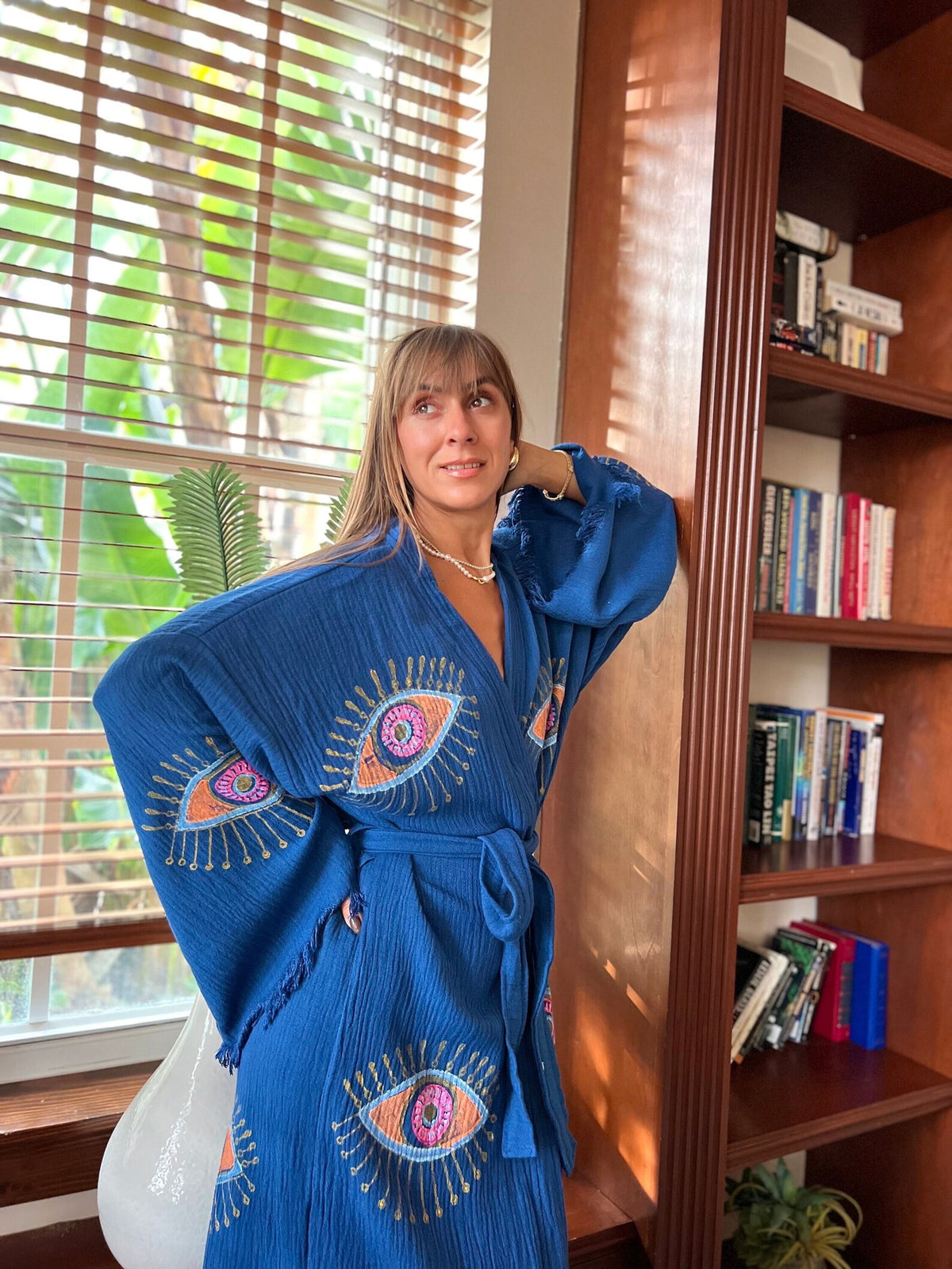 Blue Evil Eye Kimono Front View — Sustainable Kimono Robe by Vleyn